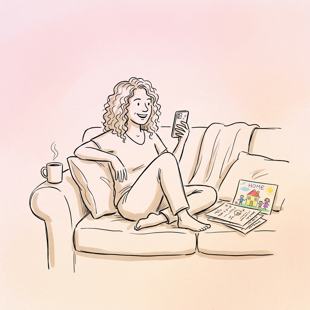 Illustration of a parent relaxing with a phone and a cup of tea beside school papers